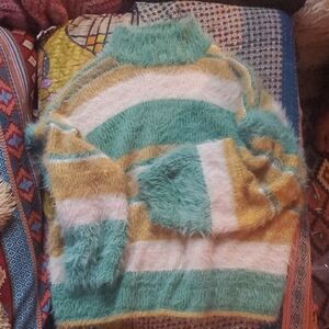 Striped Fuzzy Sweater - Green, Yellow, White